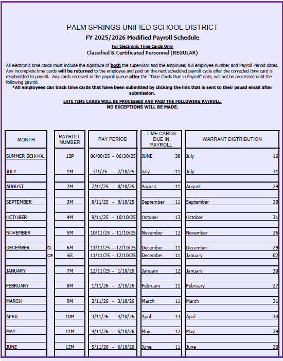 Payroll Schedule for Regular 25/26