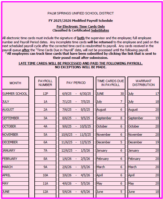 Payroll Schedule for Substitute 25/26