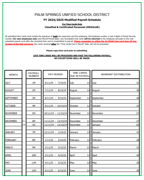 Payroll Schedule for Regular