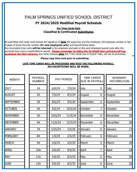 Payroll Schedule for Substitute